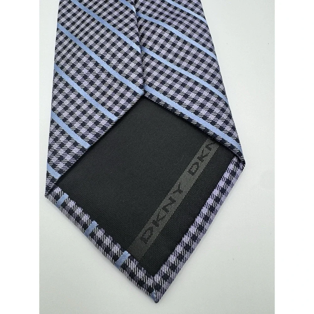 DKNY Silk Tie Gray Blue Striped Houndstooth Pattern‎ Classic Designer Neck Tie